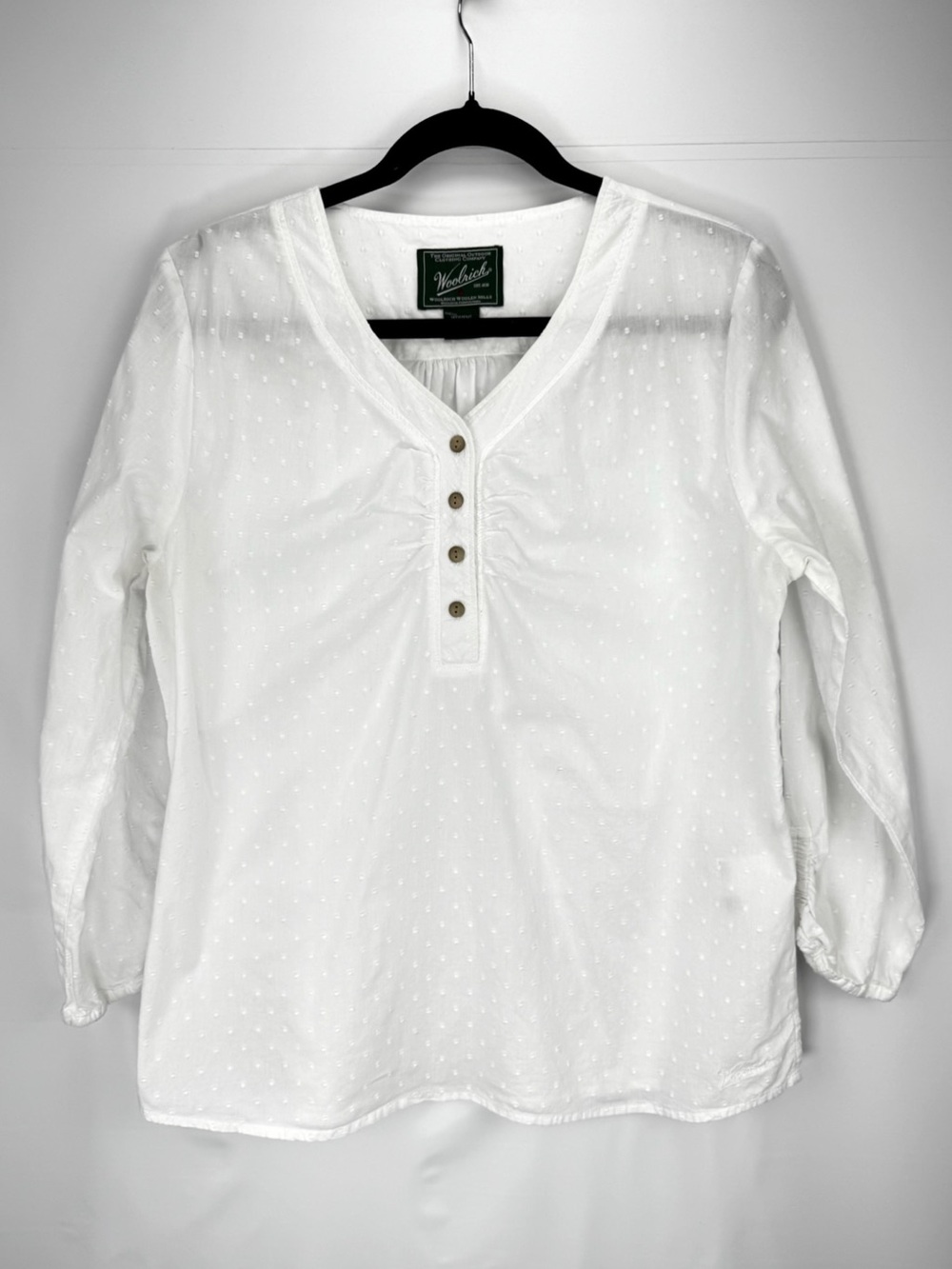 White Swiss Dot Henley Top - 100% Cotton